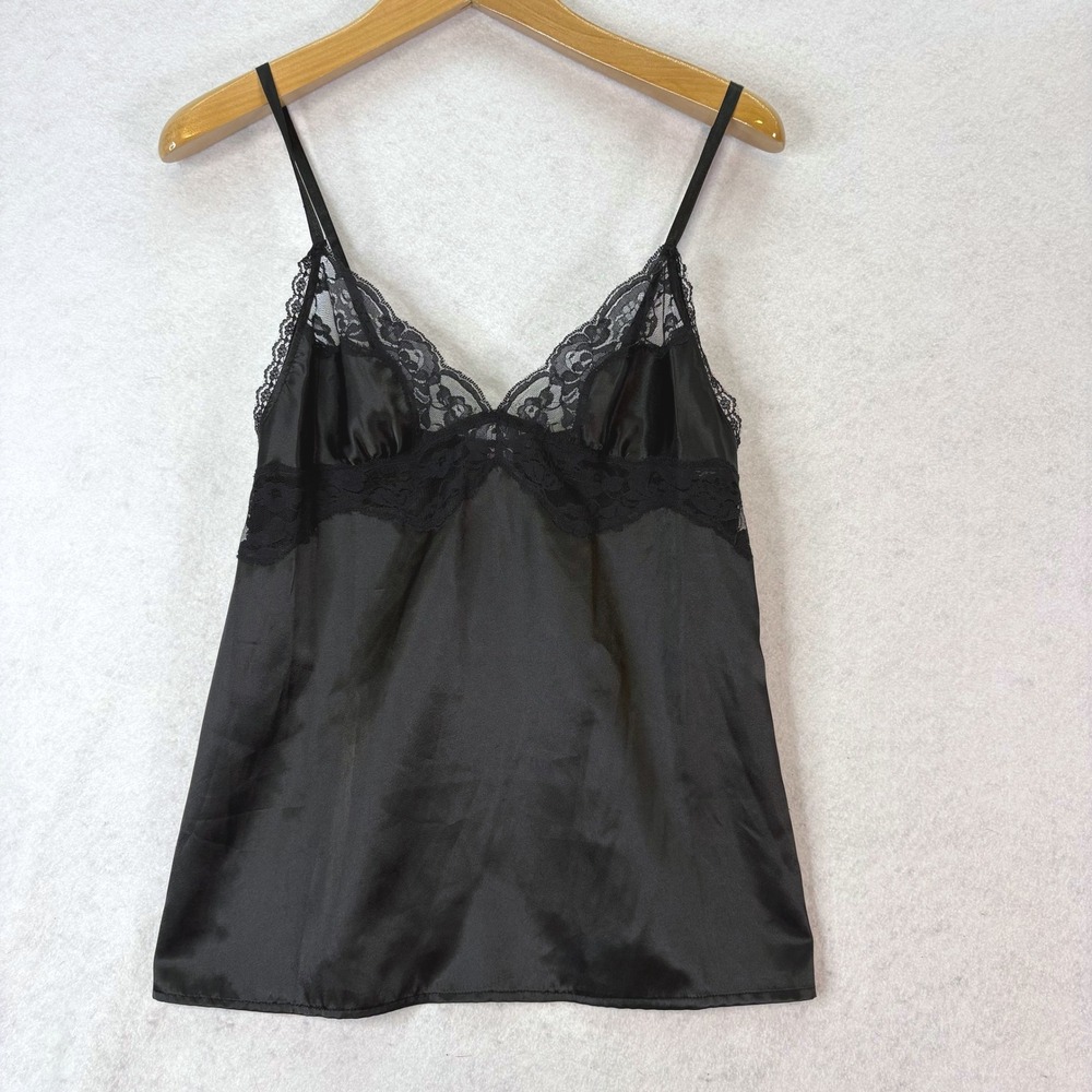 Black Lace Trim Satin Cami Tank Large Coquette Y2K Style Adjustable Strap Dainty